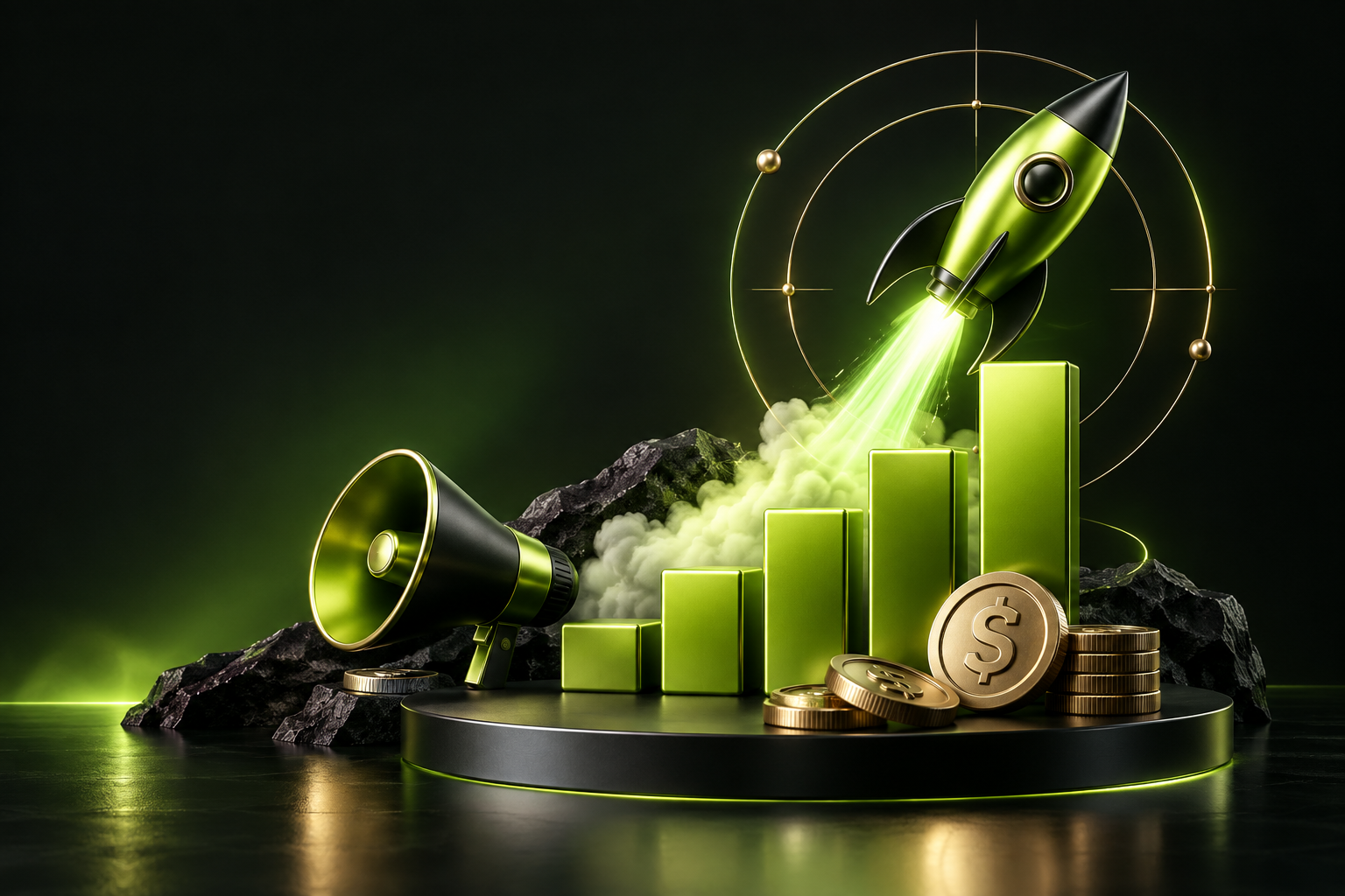 Minh họa 3D tên lửa, biểu đồ tăng trưởng, đồng xu và loa marketing